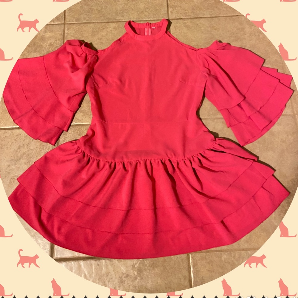 Hot pink cold shoulder tunic ruffle top large